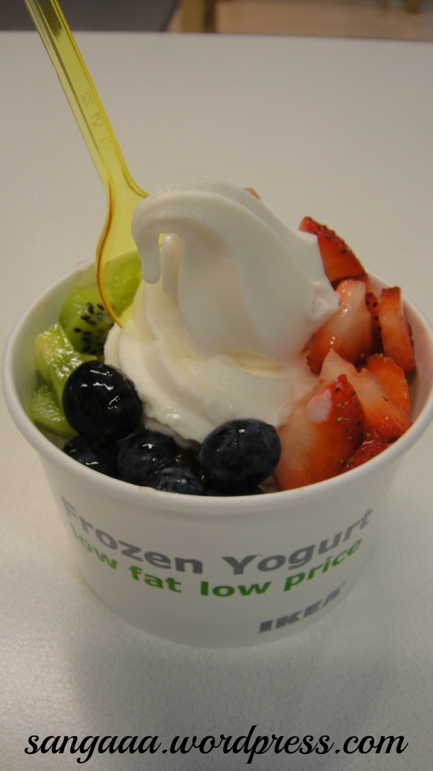 Frozen yoghurt topped with fruits.